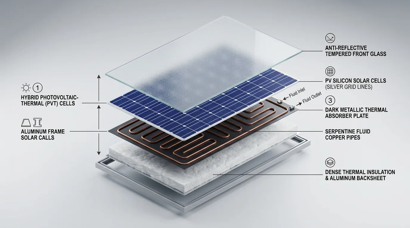 Hybrid photovoltaic thermal solar panel exploded internal layers