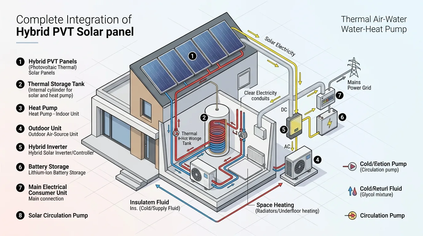 Complete system diagram of hybrid PVT solar panels integrated with a heat pump and thermal hot water storage