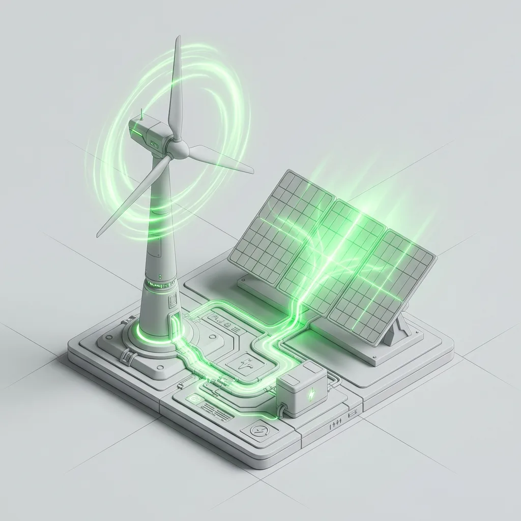 Isometric illustration of a wind turbine and solar panels powering the environment