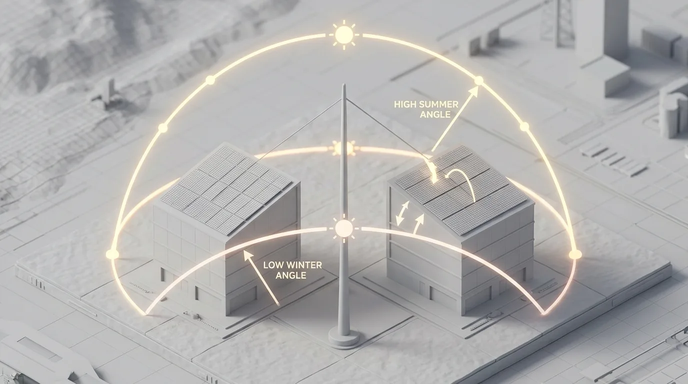 3D isometric comparison model showing seasonal solar sun paths with high summer angles and low winter angles on rooftop solar arrays
