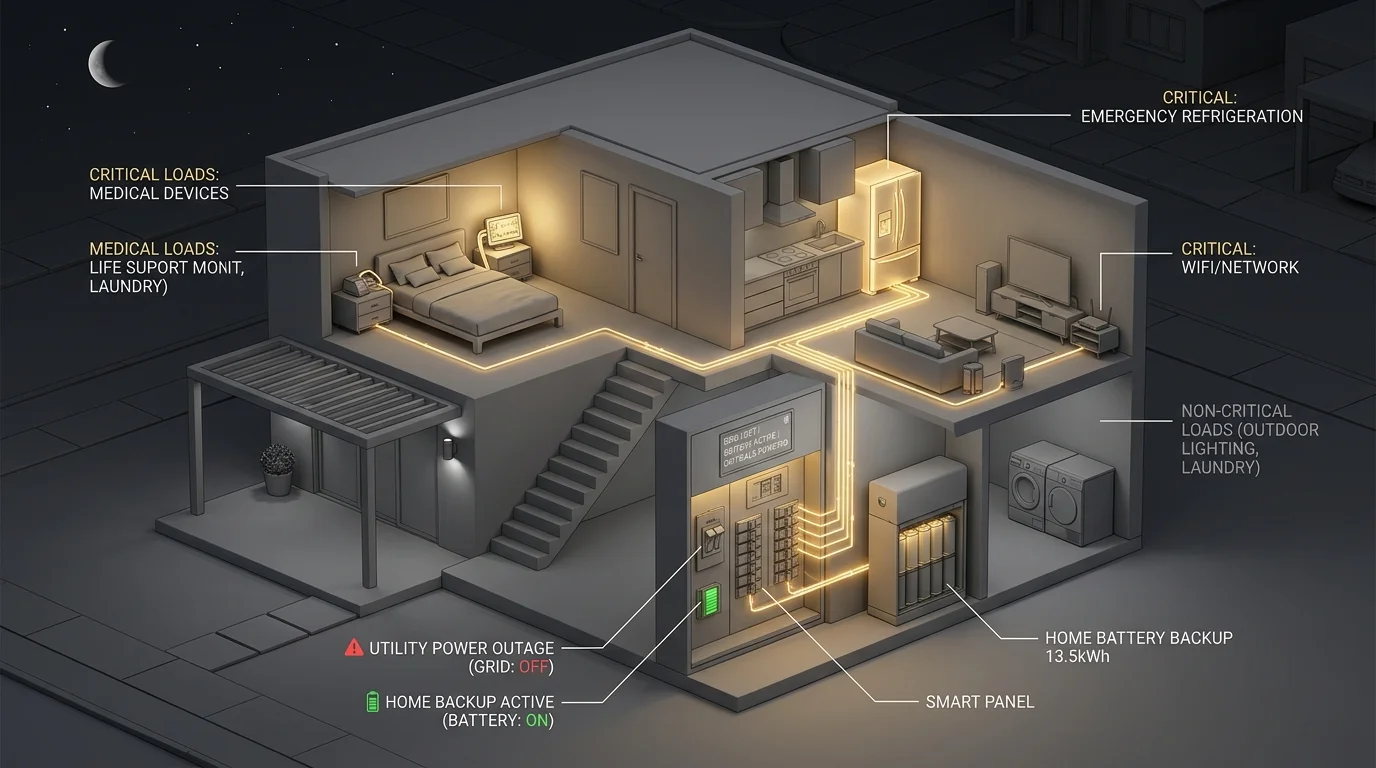 3D isometric cutaway illustration of a smart electrical panel prioritizing emergency backup circuits during a blackout