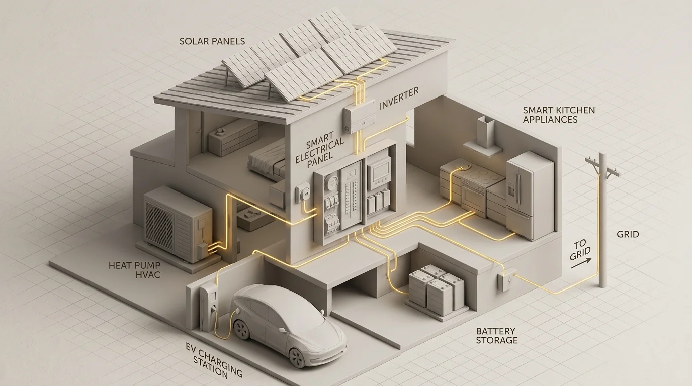 3D isometric cutaway diagram showing a smart electrical panel routing solar power to heat pumps, electric vehicle chargers, and home battery storage