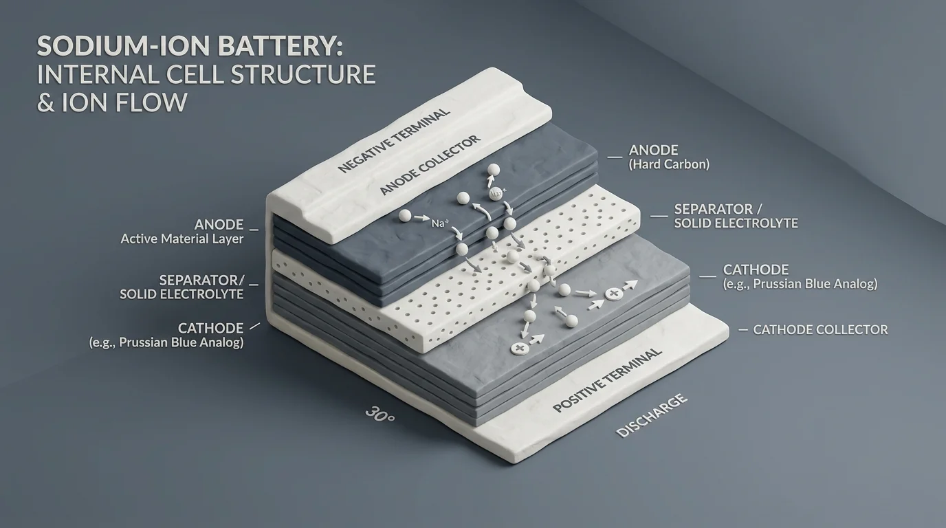 Diagram showing internal cell layer structure and ion flow of a sodium-ion solar battery
