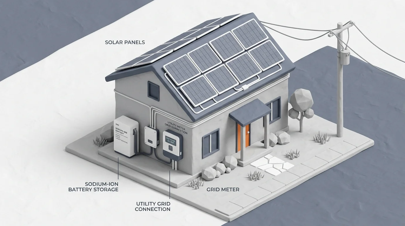 Illustration of home solar array connected to sodium-ion battery bank and electrical grid connection
