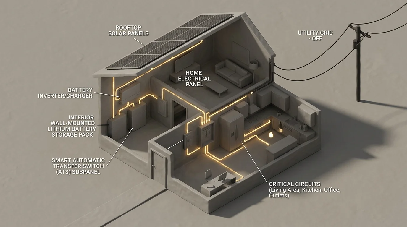 Cutaway 3D isometric diagram illustrating home backup power distribution from solar panels and wall battery to essential household circuits