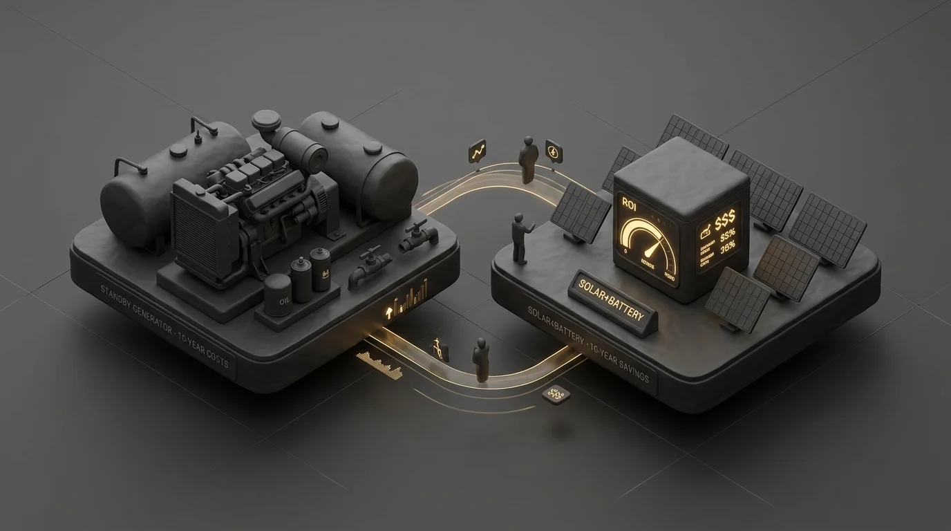 3D isometric render comparing 10-year operating lifecycle costs of mechanical generators versus solar battery storage systems