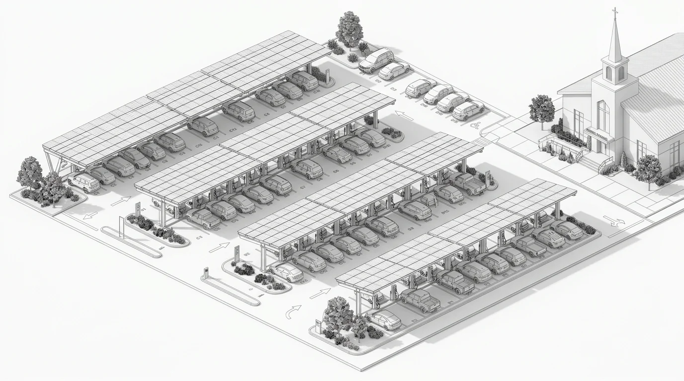 Isometric architectural view of a church parking lot with solar canopy carports and EV charging stations