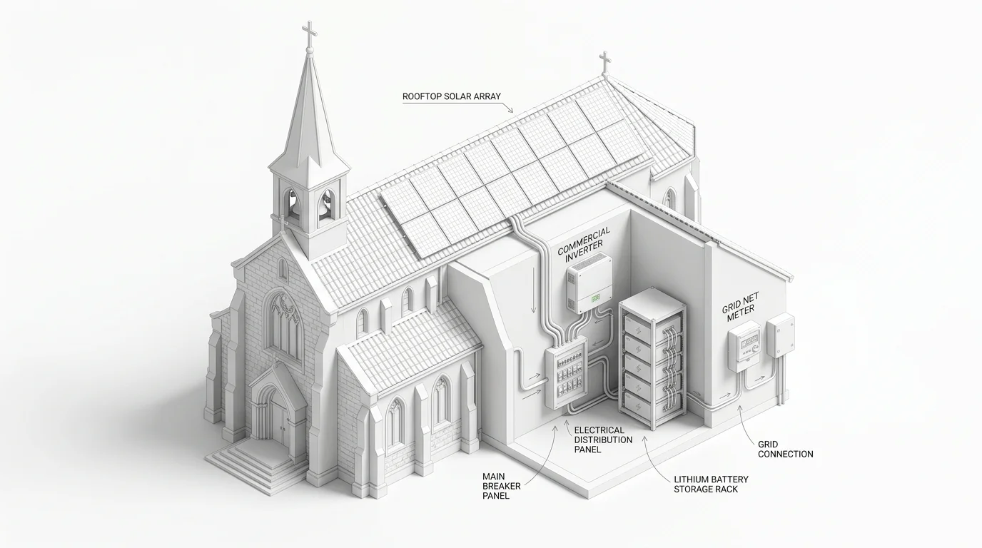 Isometric diagram of a church rooftop solar array, electrical distribution panel, commercial inverter, battery storage rack, and net meter