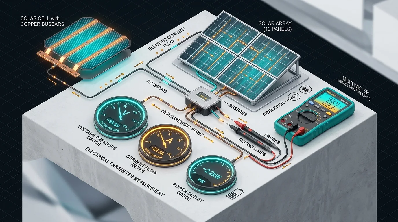 Solar panel electrical parameters showing Voc, Vmp, Isc, and Imp testing