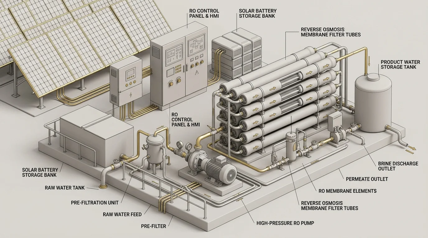 A detailed reverse osmosis pump system powered by solar panels