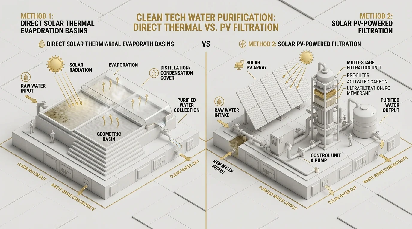 Direct thermal evaporation vs solar PV powered filtration methods