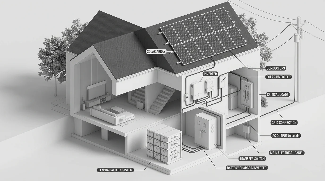 Cutaway technical diagram showing whole house solar generator system connected to main electrical panel and transfer switch