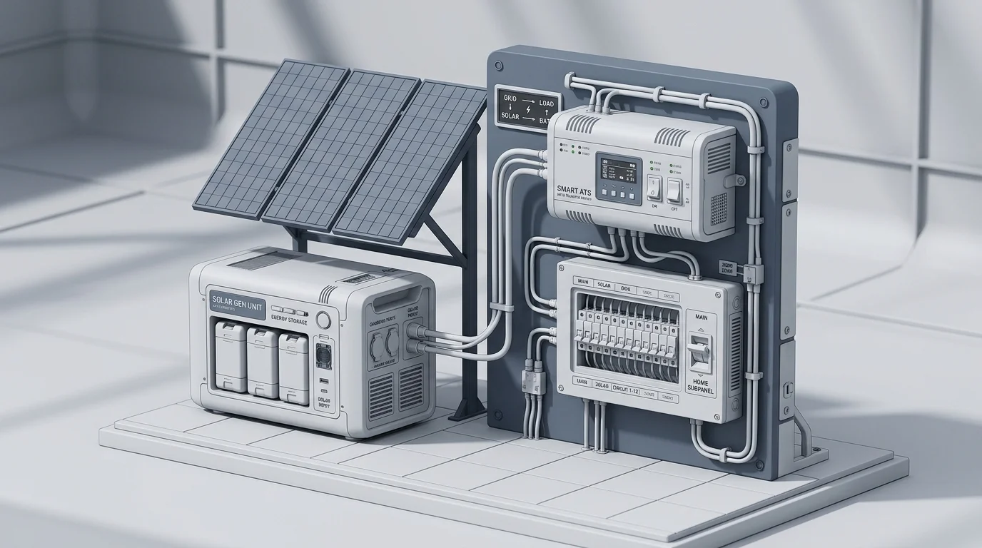 Smart automatic transfer switch and critical subpanel wired to a solar generator unit