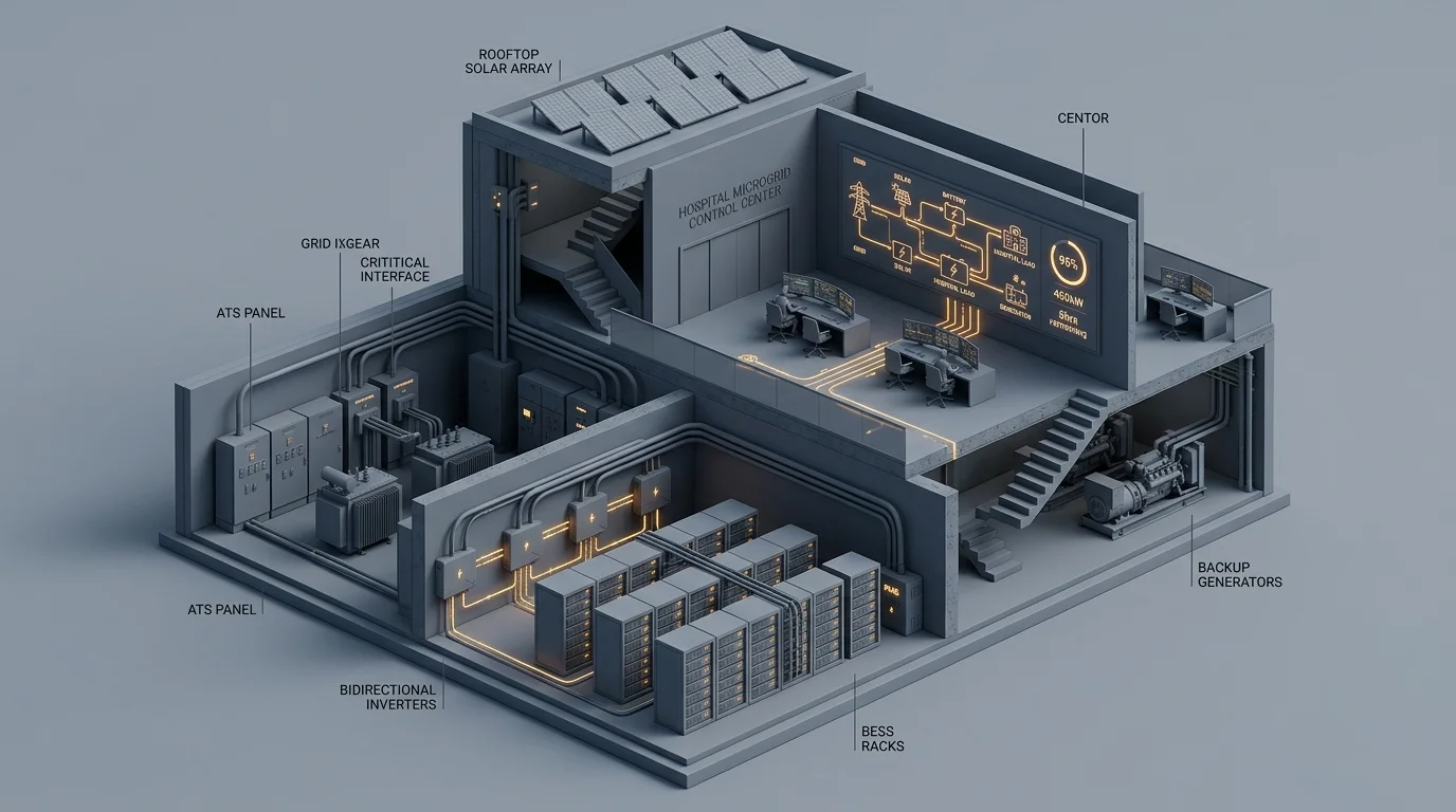 Hospital microgrid power control room with battery energy storage racks and automatic transfer switches