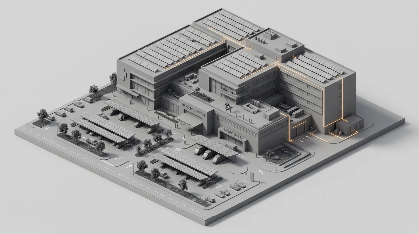 Hospital wing with rooftop solar arrays and parking canopy carports