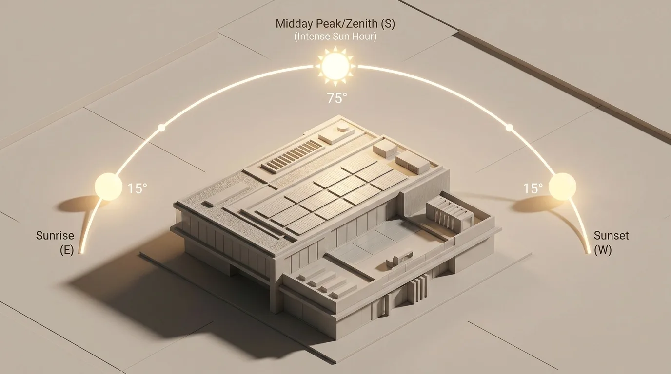3D isometric architectural model showing the daily solar trajectory arc from sunrise to midday zenith and sunset over a rooftop solar system