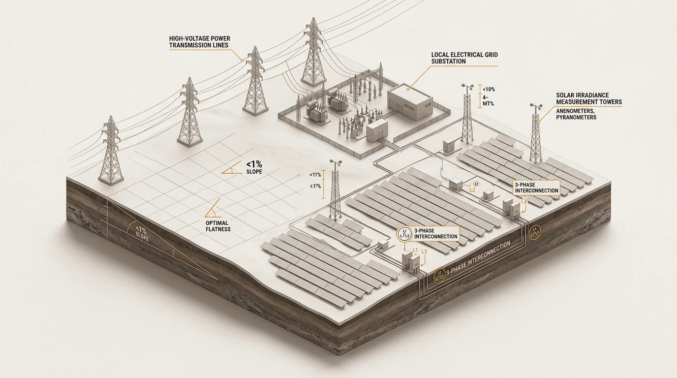 A 3D isometric cutaway diagram illustration highlighting solar land valuation factors including high-voltage power transmission lines, local electrical substation proximity, solar irradiance sensors, and three-phase interconnection points in monochromatic clay render style.