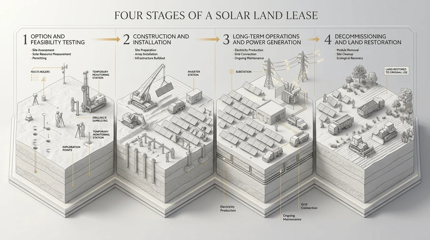 A 3D isometric infographic showing the four stages of a solar land lease: Stage 1 Option and Feasibility testing, Stage 2 Construction and Installation, Stage 3 Long-Term Operations and Power Generation, and Stage 4 Decommissioning and Land Restoration in clean monochromatic clay render style.
