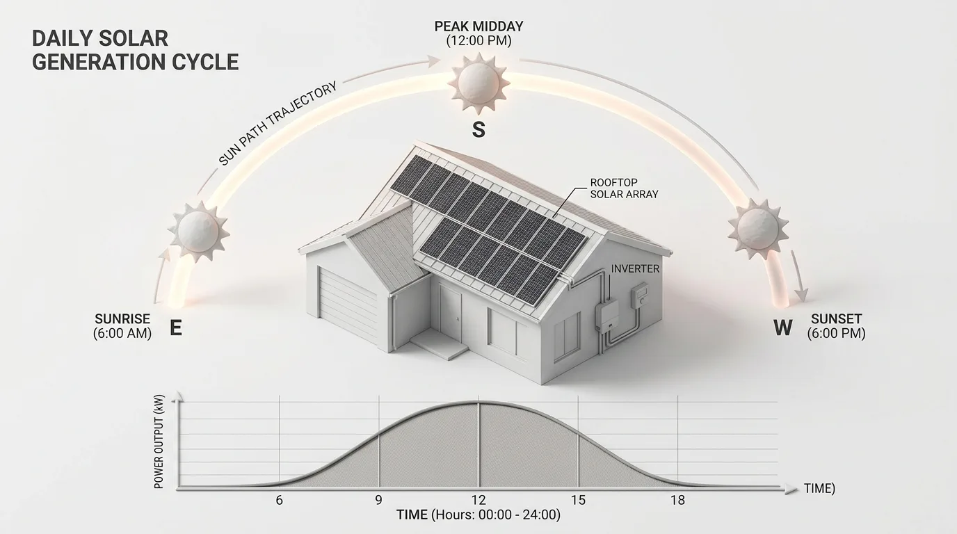 3D isometric technical diagram showing the daily solar generation cycle with sun trajectory arc from morning to midday peak and matching bell-shaped power output curve