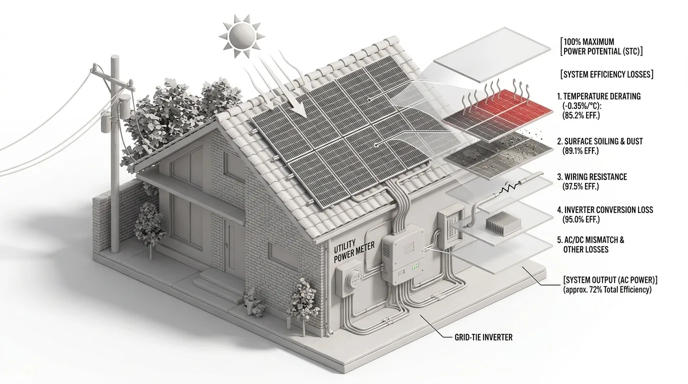 3D isometric cutaway model showing residential solar array with technical breakdown of real-world energy derating losses including temperature rise, wiring resistance, inverter conversion, and surface dust