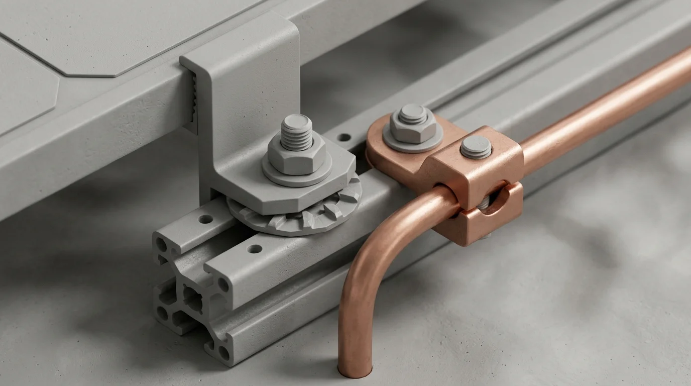 Solar racking rail connection showing WEEB washer and copper grounding lug assembly