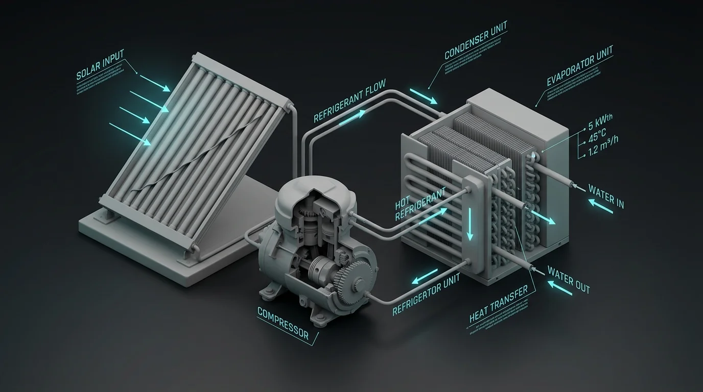 Diagram showing thermal heat exchanger cycle powered by rooftop solar array