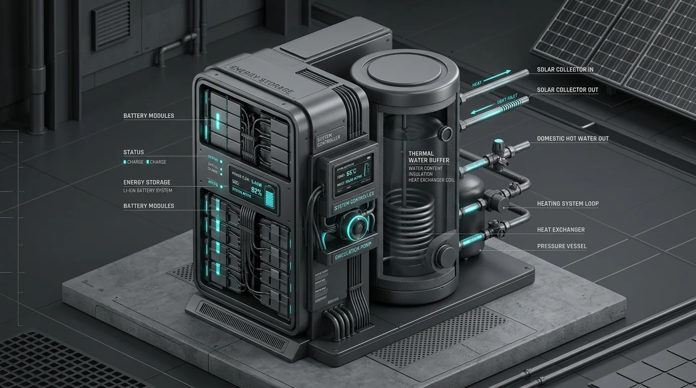 Detailed diagram of home battery storage combined with a thermal water buffer tank