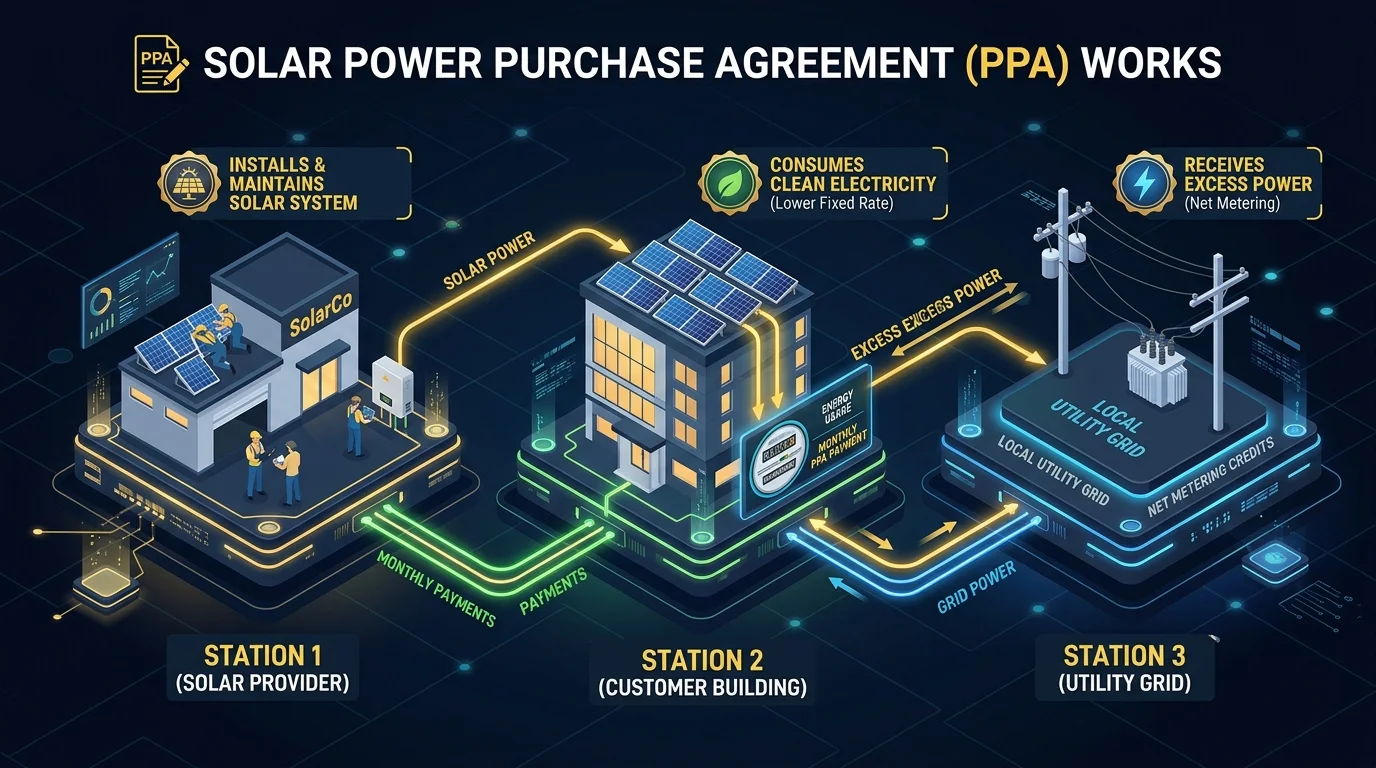 Isometric diagram showing the three-party relationship of a solar power purchase agreement with developer, property host, and utility grid