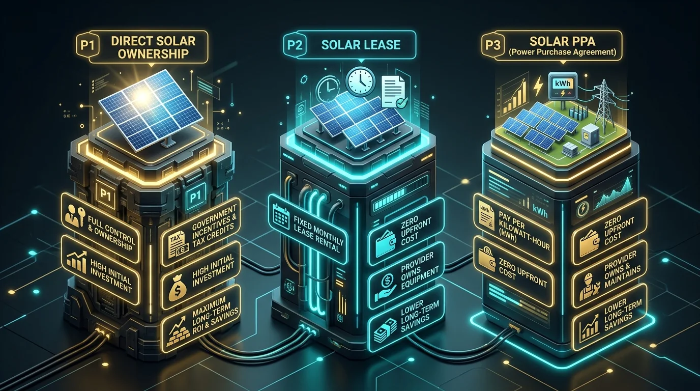 Comparative breakdown of direct solar ownership, solar lease, and solar power purchase agreements