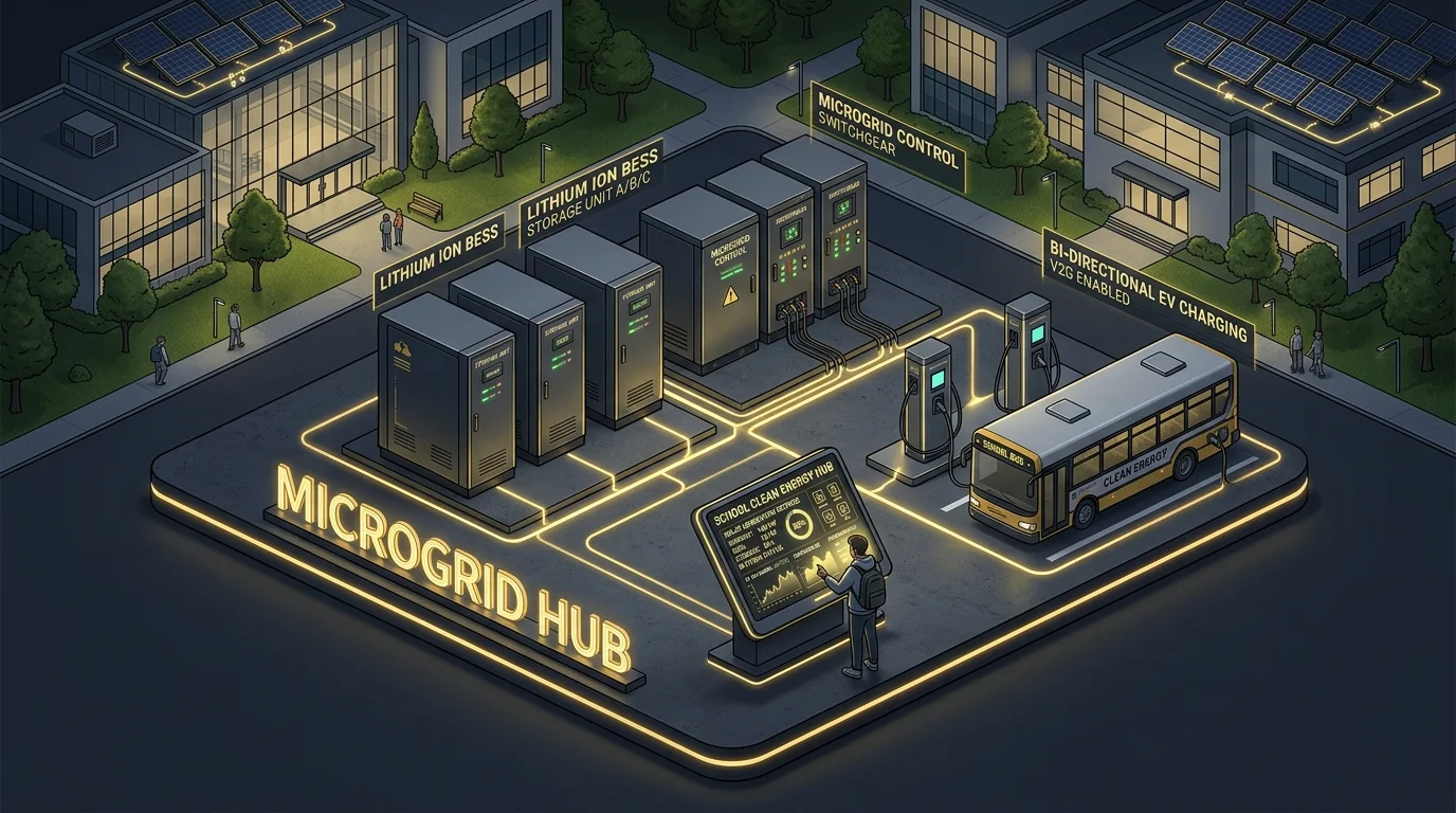 Campus clean energy microgrid hub with battery storage units and student monitoring kiosk