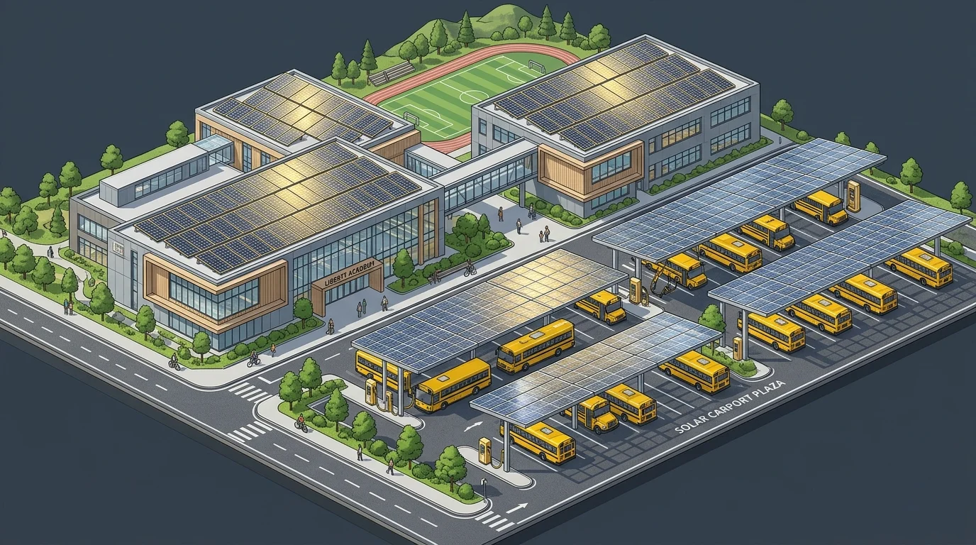 School building rooftop covered with solar panel arrays and parking lot canopies
