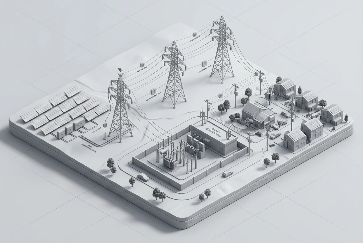 Clean substation connecting solar panels and transmission towers to a residential neighborhood