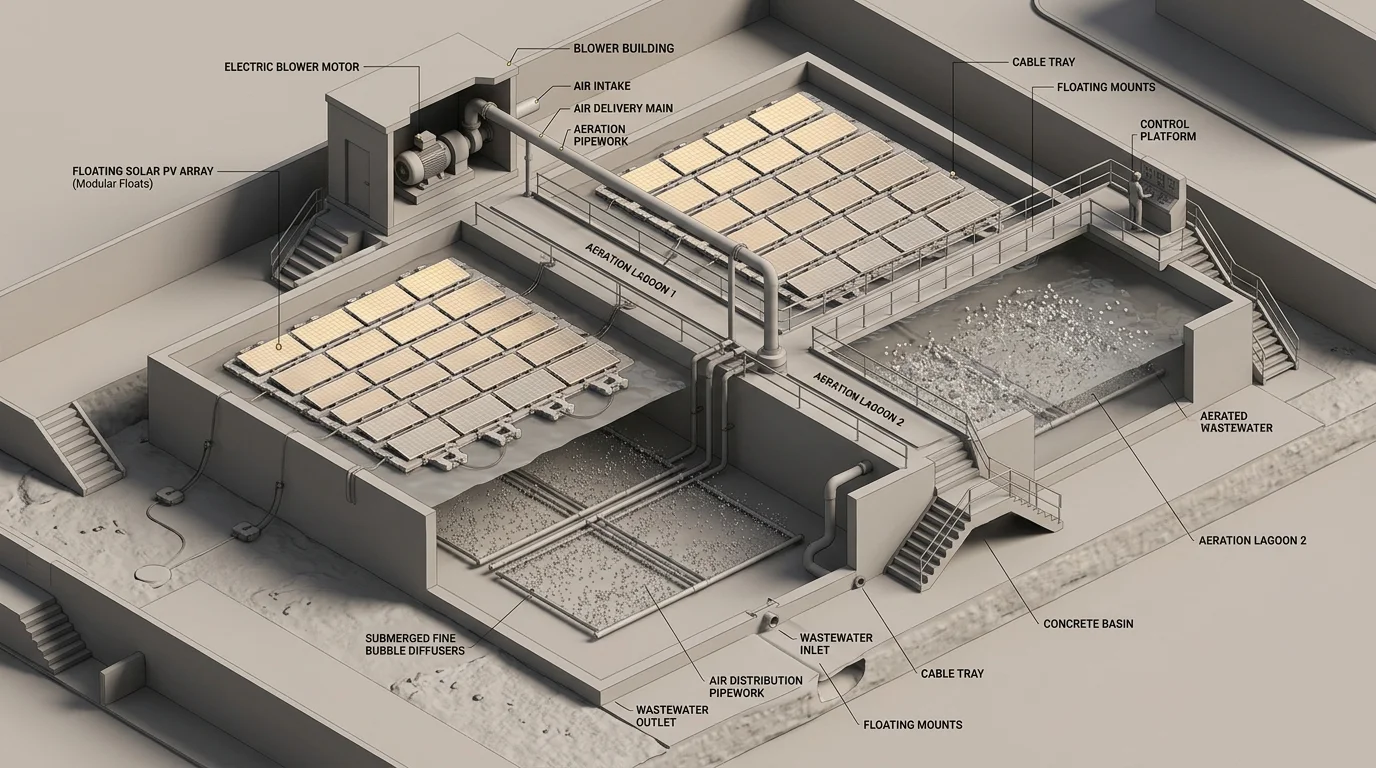Wastewater aeration basins covered by modular floating solar arrays and fine bubble diffusers