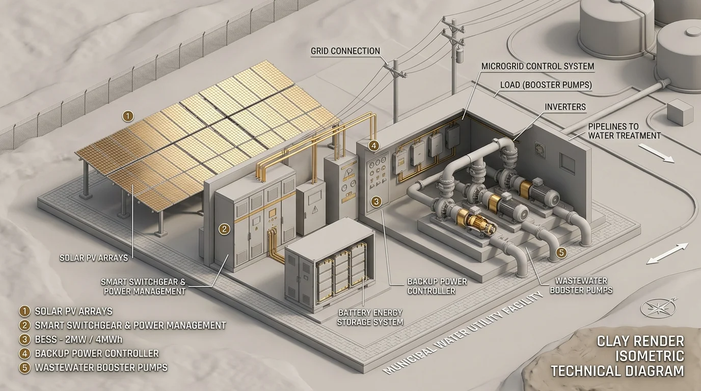 Municipal water utility microgrid with solar arrays, battery storage container, and booster pump stations