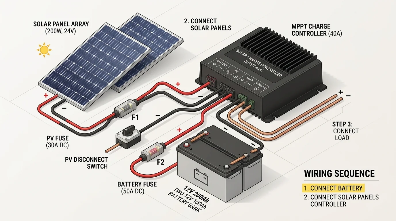 Solar charge controller safe wiring sequence diagram