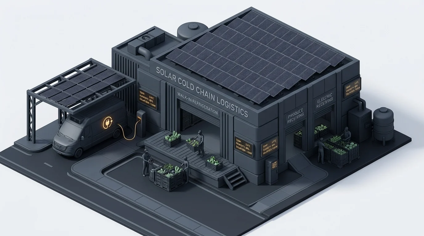 3D isometric illustration of end to end solar agricultural cold chain logistics hub with electric transport and solar walk-in rooms