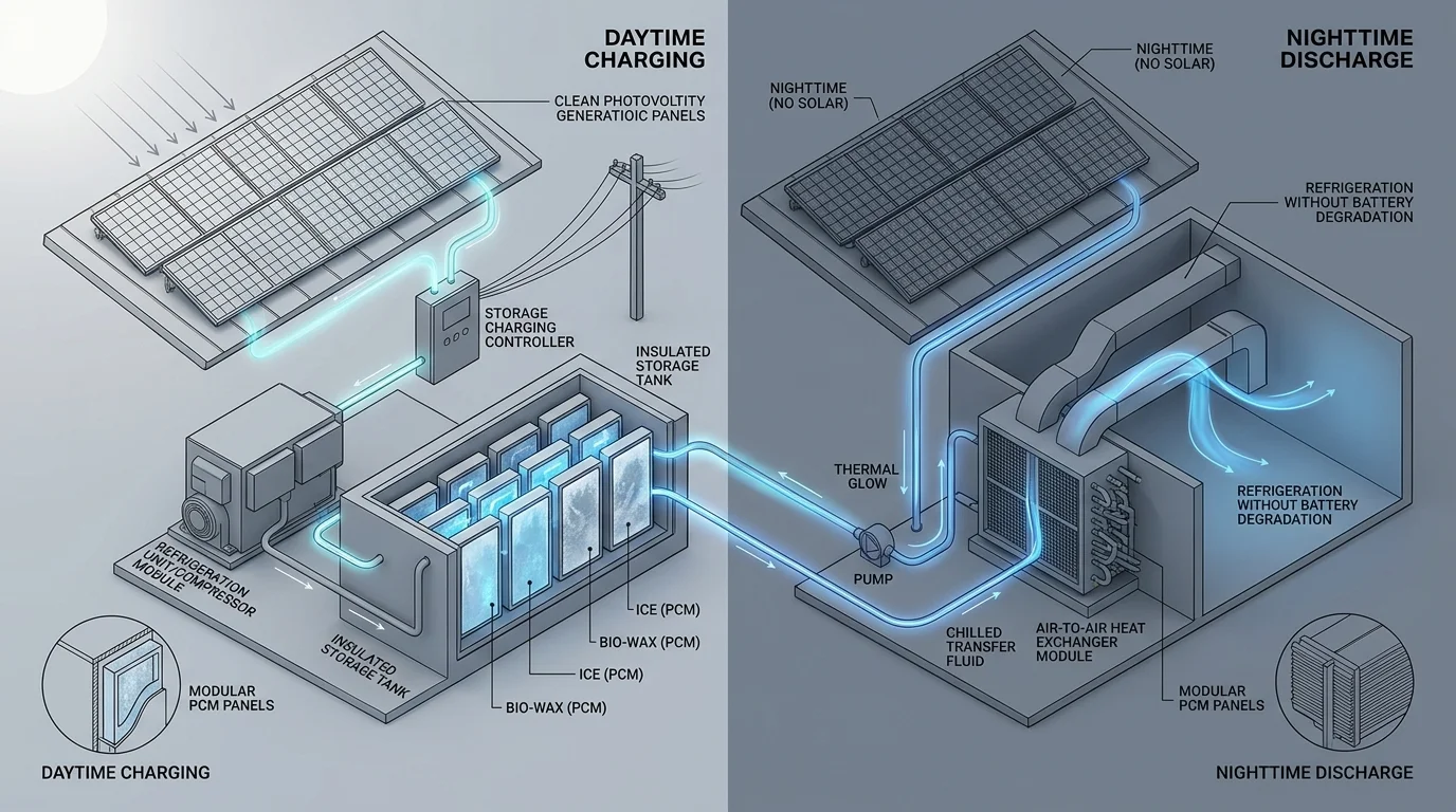 3D isometric engineering diagram of solar cold storage with daytime solar charging and nighttime phase change thermal discharge
