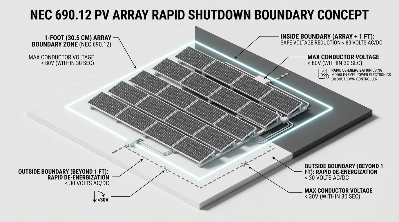 3D isometric technical diagram showing the NEC 690.12 photovoltaic array boundary concept with 1-foot clearance perimeter and voltage thresholds