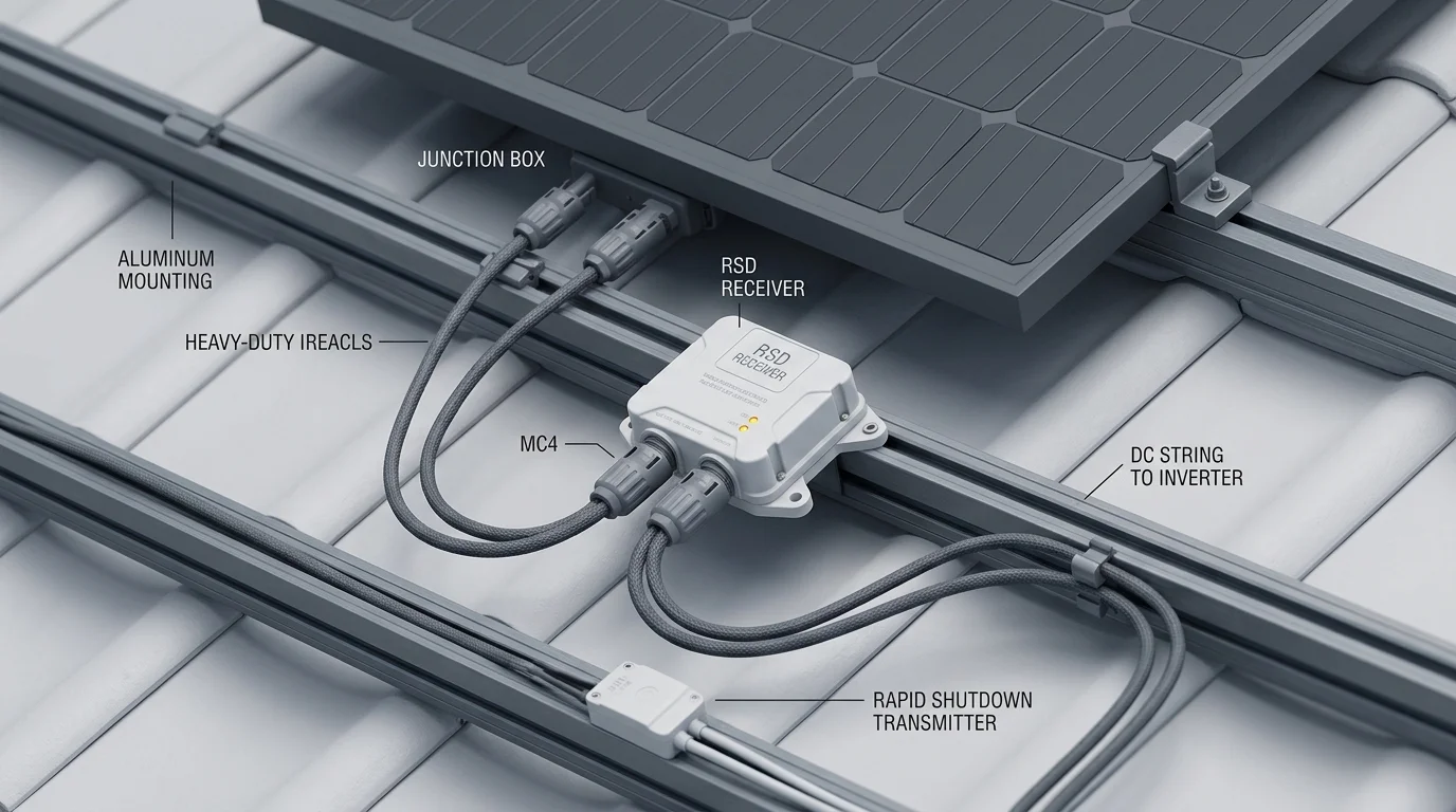 3D isometric close-up clay render showing Module-Level Power Electronics hardware for solar rapid shutdown mounted to solar panel rails