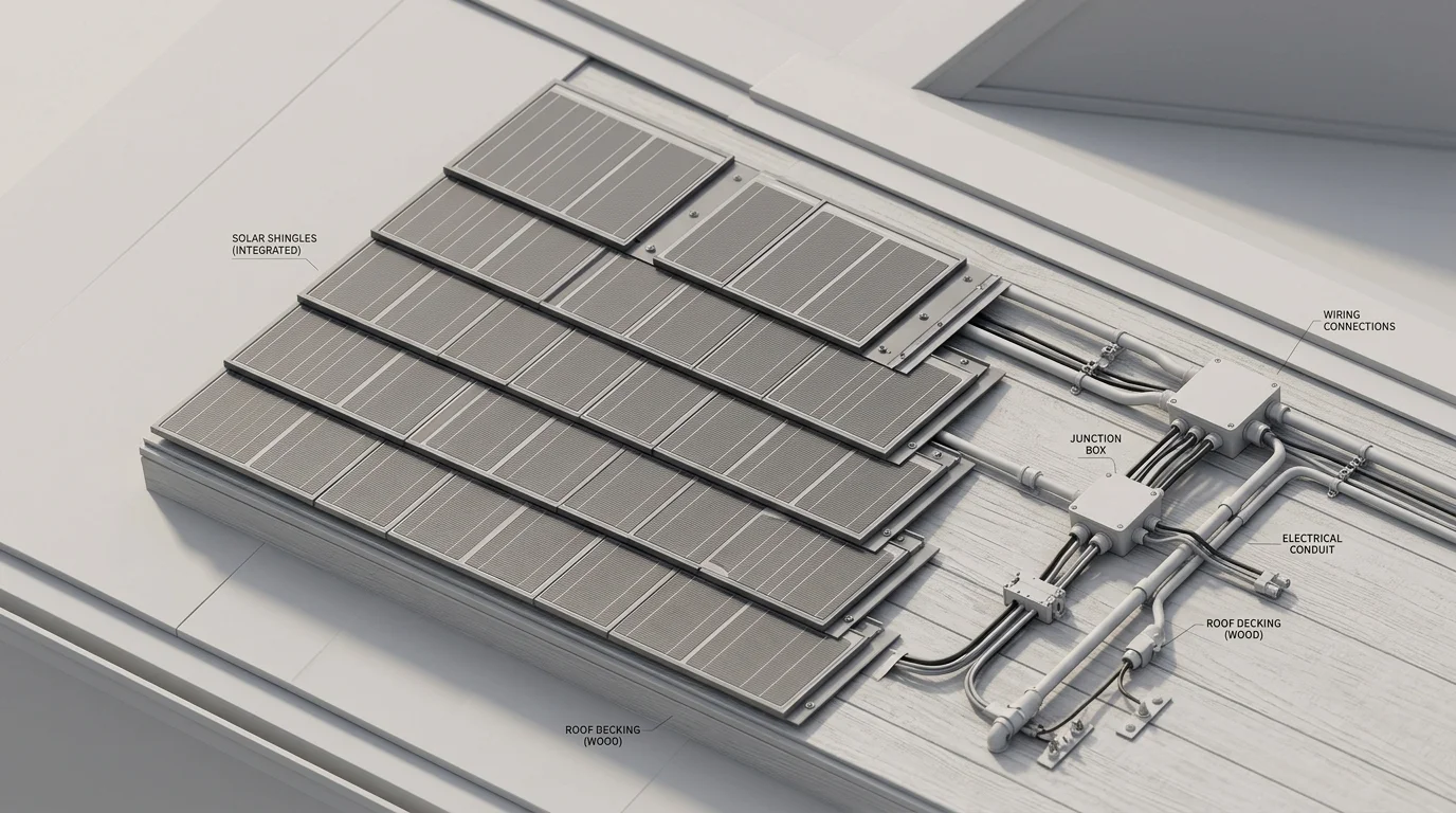 Diagram of solar shingles layered flush on roof decking with electrical wiring