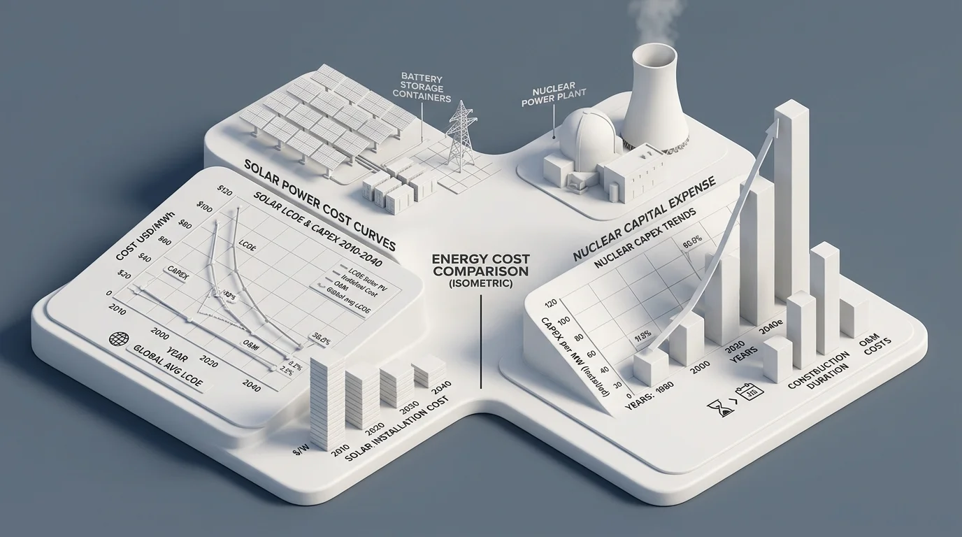 3D isometric visualization comparing solar photovoltaic cost declines with nuclear capital expenditure trends