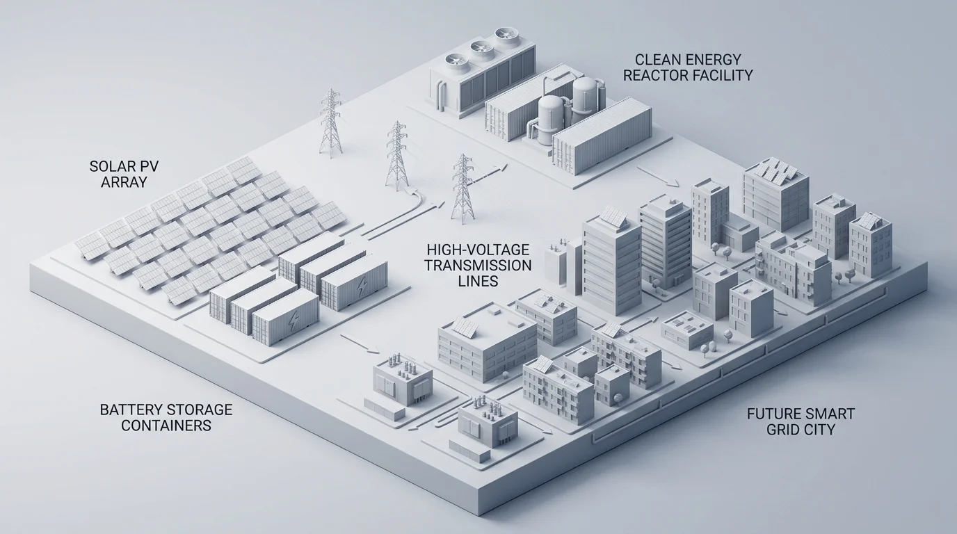 3D isometric visualization of a modern smart power grid combining solar arrays with battery storage and modular nuclear power plants