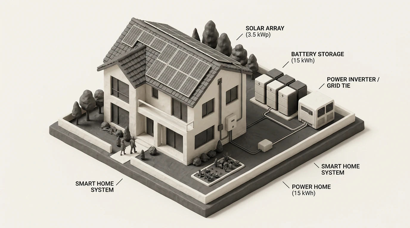 Isometric diagram of home solar array connected to solid-state battery bank and power inverter