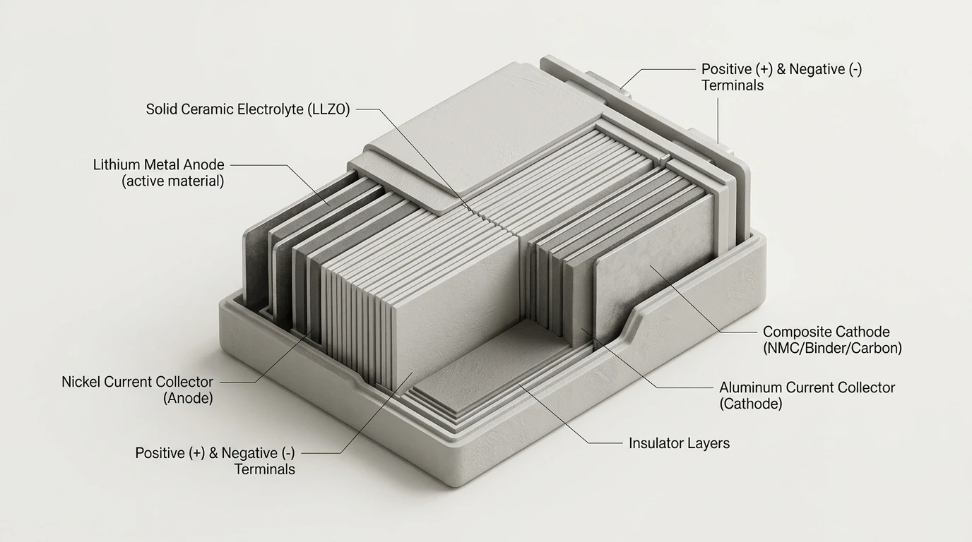 Cutaway diagram showing the internal cell layer structure of a solid ceramic electrolyte battery
