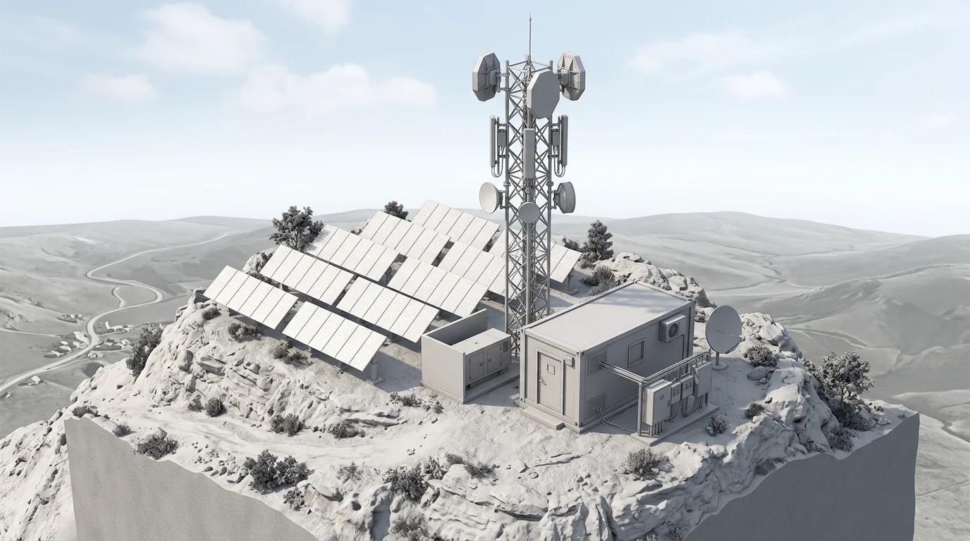 Remote 5G base station powered by solar panels on a hilltop