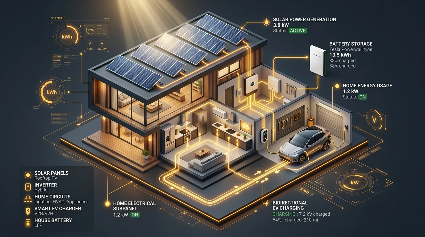 Vehicle to home solar power flow diagram