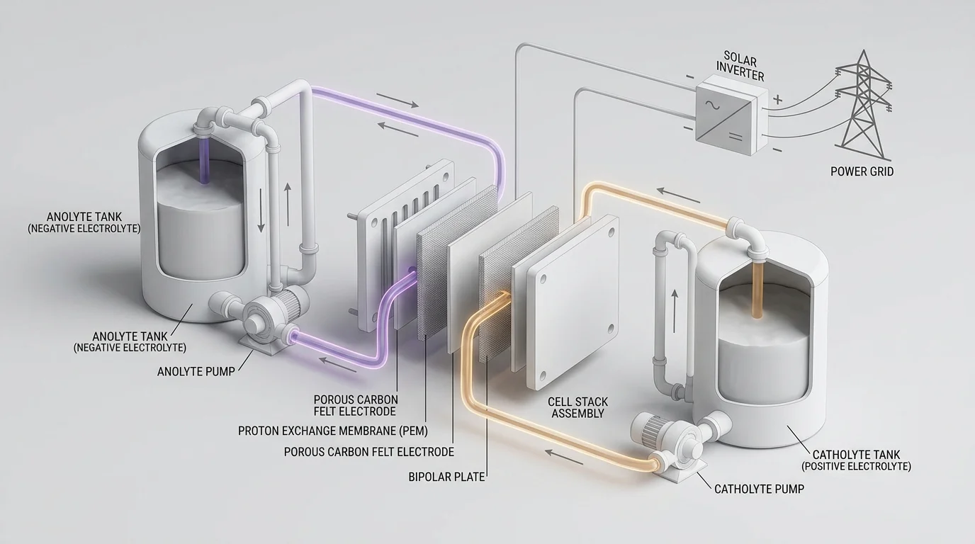 3D isometric technical cutaway diagram of a vanadium redox flow battery system showing positive and negative electrolyte storage tanks, circulation pumps, proton exchange membrane, and connection to solar panel inverters