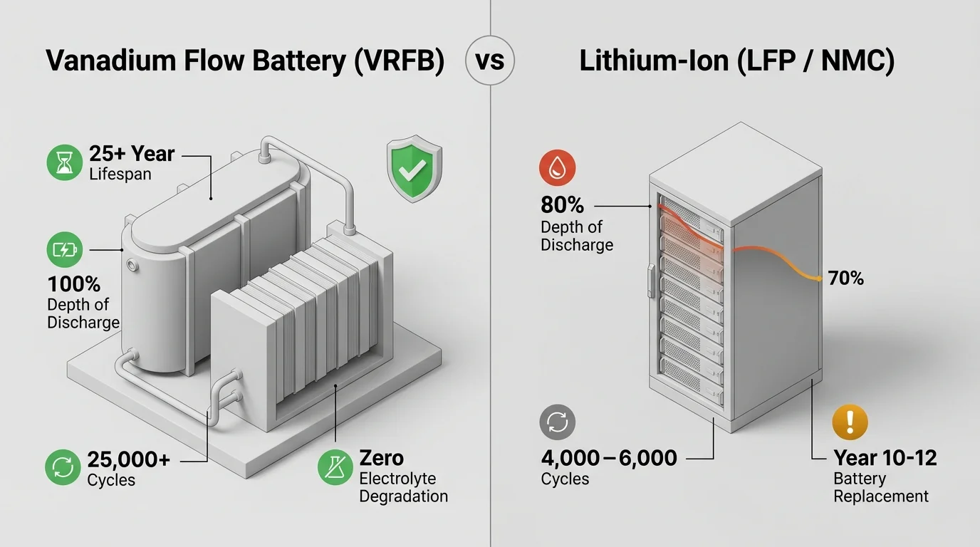 3D isometric comparison infographic showing a 25-year operational lifecycle of a vanadium redox flow battery with zero degradation and 100% depth of discharge contrasted against a lithium-ion battery requiring mid-life replacement