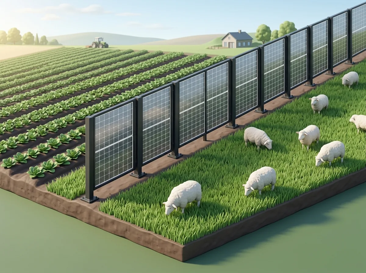 Vertical bifacial solar fence dividing farm crop rows and sheep pasture