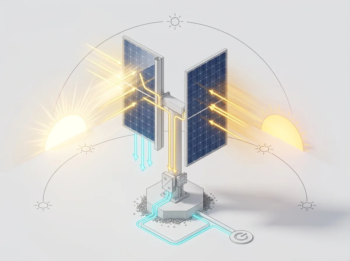 Vertical bifacial solar panel dual peak generation diagram
